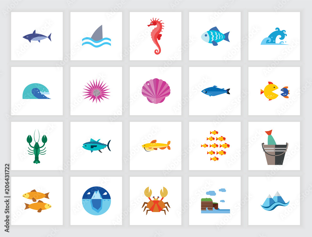 Marine life concept. Flat icon set. Seafood, underwater world, sea animals.  Can be used for topics like fauna, sea, ocean Stock Vector | Adobe Stock