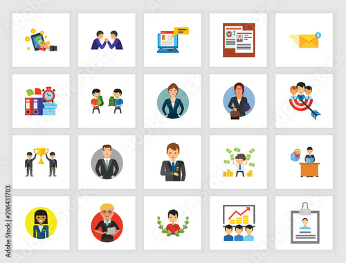 Leadership and business competition concept. Flat icon set. Executive, partnership, staff. Can be used for topics like business, management, career
