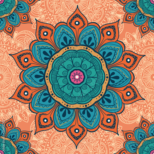 Flower mandala colorful background for cards, prints, textile and coloring books. Seamless pattern
