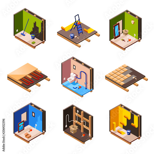 Vector isometric home interior renovation and repair work process stages in house cross section. Plumbing sanitary ware installation, tile laying in bathroom Wall plastering, painting wallpaper gluing