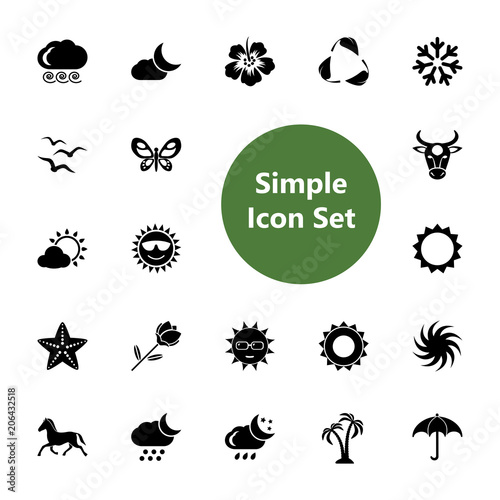 Icon set of environment signs. Weather, climate, flora and fauna. Ecology concept. For topics like nature, geography, climatic zones