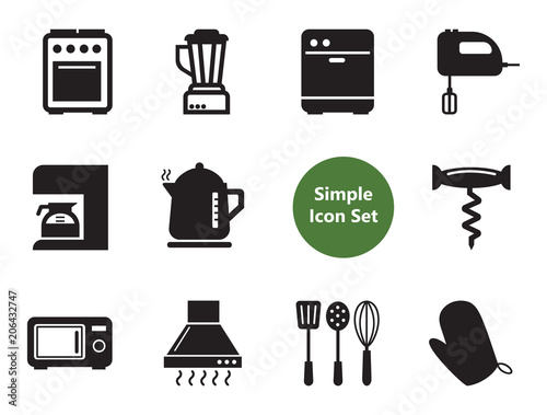 Kitchen vector icons set with toaster, microwave oven and mixer. Thirteen simple icons