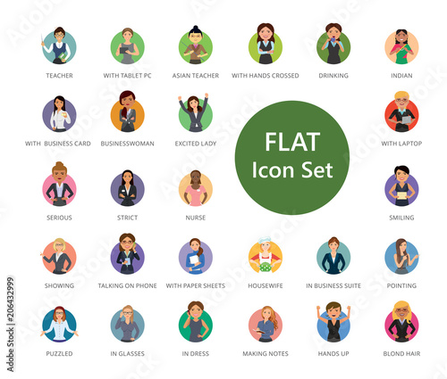 Women icons set. Thirty three multicolored flat icons