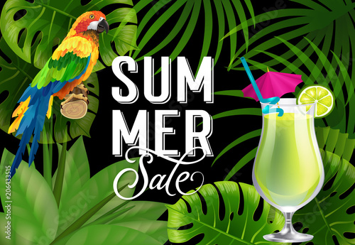 Summer sale lettering with parrot and cocktail. Summer offer or sale advertising design. Handwritten and typed text, calligraphy. For leaflet, brochure, invitation, poster or banner.