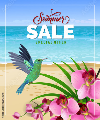 Summer sale special offer lettering with beach and hummingbird. Summer offer or sale advertising design. Handwritten and typed text, calligraphy. For brochure, invitation, poster or banner.