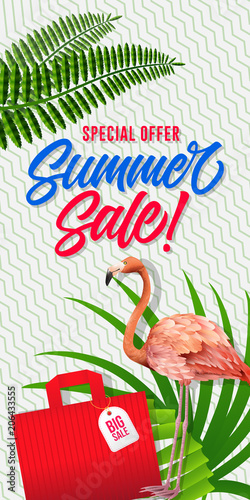 Summer sale special offer lettering with shopping bag. Summer offer or sale advertising design. Handwritten and typed text, calligraphy. For leaflet, brochure, invitation, poster or banner.
