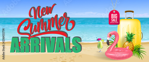 Big sale, new summer arrivals banner design. Cold drink, pineapple, toy flamingo, yellow travel case, beach, sea. Text can be used for flyers, labels, posters.