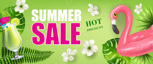 Summer sale hot discount banner design with palm leaves and flowers, cold drink and toy flamingo on green background. Typed text can be used for flyers, labels, posters.