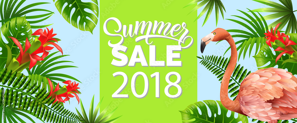 Φωτογραφία Summer sale, twenty eighteen green banner design with palm leaves, red tropical flowers and pink flamingo