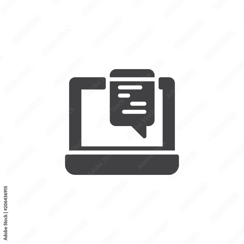 Laptop chat vector icon. filled flat sign for mobile concept and web design. Online message solid icon. Symbol, logo illustration. Pixel perfect vector graphics Laptop chat vector icon. filled flat sign for mobile concept and web design. Online message solid icon. Symbol, logo illustration. Pixel perfect vector graphics