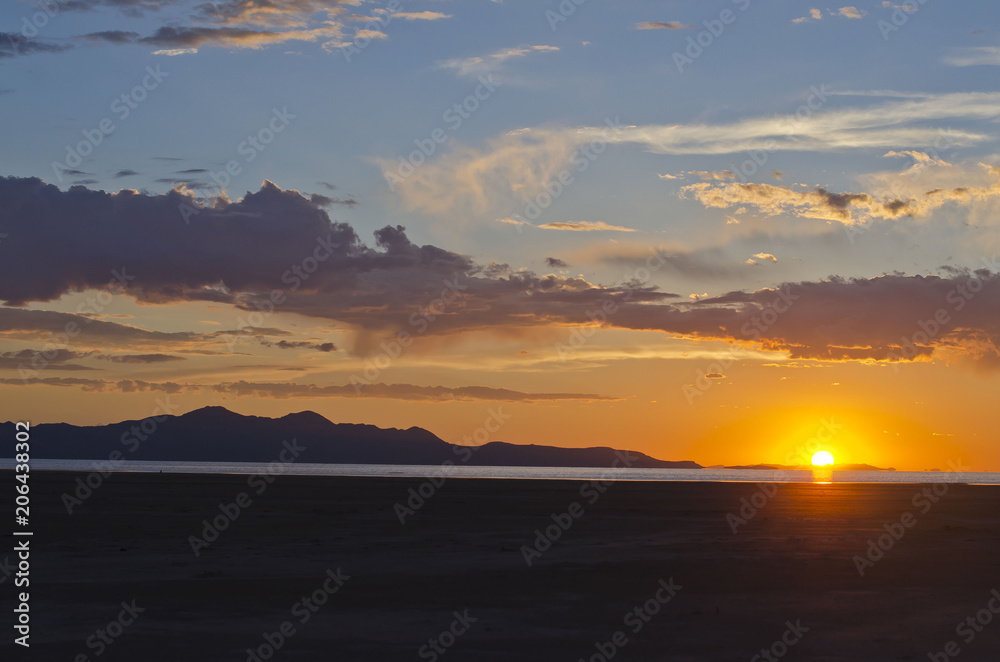 A long view of a colorful sunset at the great salt lake in utah