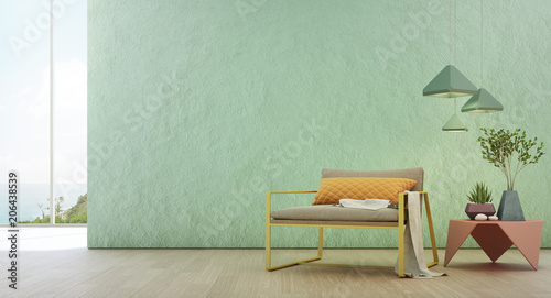 Sea view living room of luxury summer beach house with glass window and wooden floor. Empty rough turquoise concrete wall background in vacation home or holiday villa. Hotel interior 3d illustration.