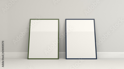 Blank white poster in colorful frame standing on the floor