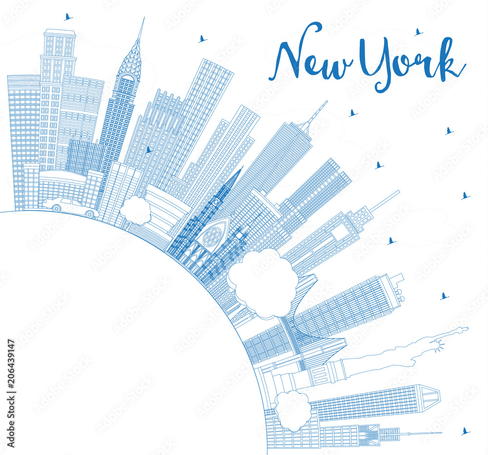 Outline New York USA City Skyline with Blue Buildings and Copy Space.