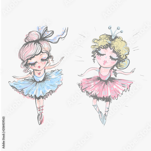 Cute fashionable beautiful ballerina girls in dancing poses isolated on white