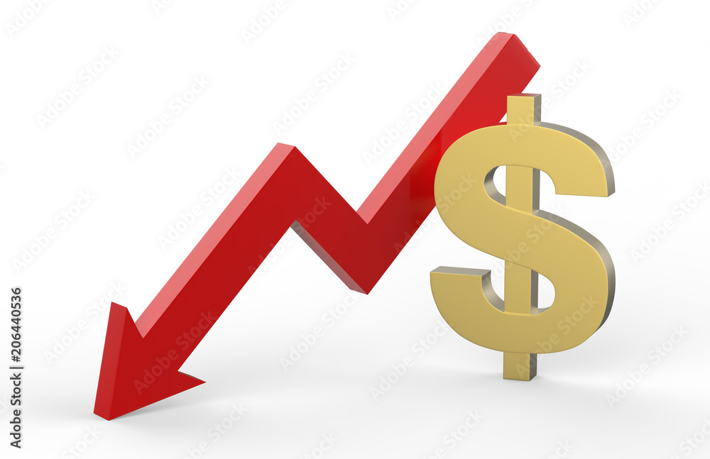 Decrease in dollar value concept, golden dollar sign with a declining arrow, 3d illustration Decrease in dollar value concept, golden dollar sign with a declining arrow, 3d illustration