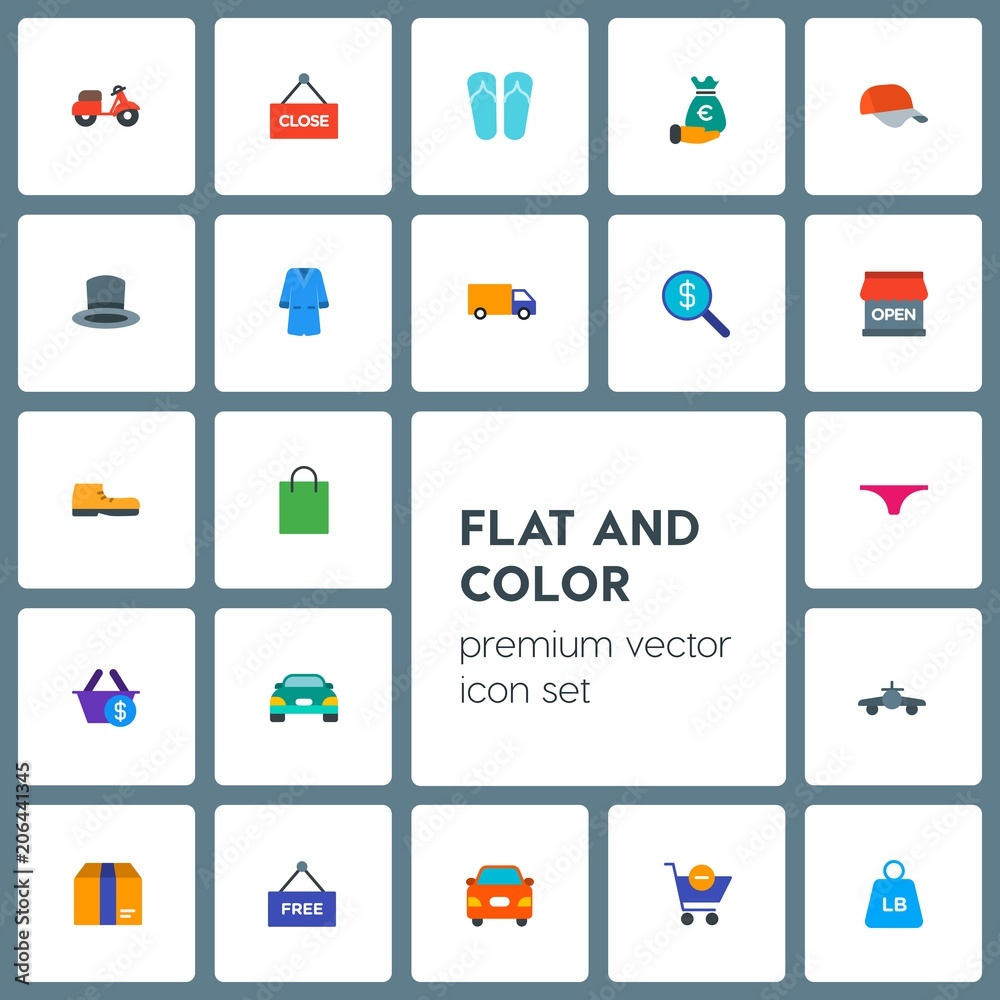 Modern Simple Set of transports, clothes, money, shopping Vector flat Icons. Contains such Icons as  motorcycle,  airplane, motorbike,  board and more on grey background. Fully Editable. Pixel Perfect