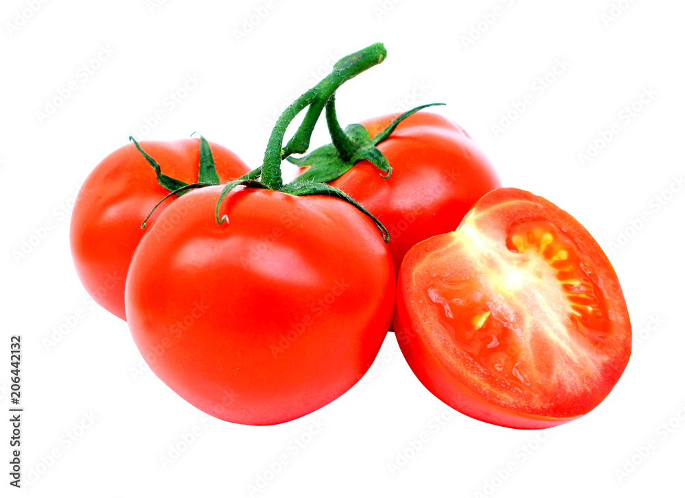 Ripe fresh tomatoes on a sprig and half tomatoes isolated on a white background without a shadow. Close up. Ripe fresh tomatoes on a sprig and half tomatoes isolated on a white background without a shadow. Close up.