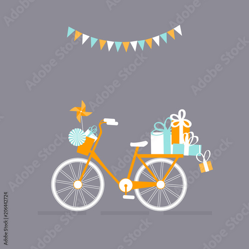 Happy birthday card with bicycle and gifts . Vector illustration.