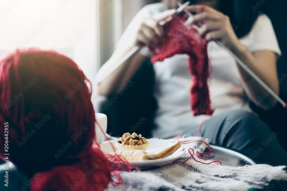 Obraz premium Close up shot of young woman hands knitting a red scarf handicraft in the living room on terrace at home