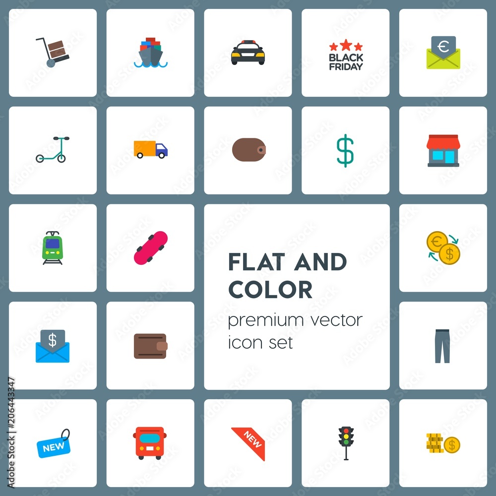 Obraz premium Modern Simple Set of transports, clothes, money, shopping Vector flat Icons. Contains such Icons as ship, skate, travel, bus, brown, sea and more on grey background. Fully Editable. Pixel Perfect