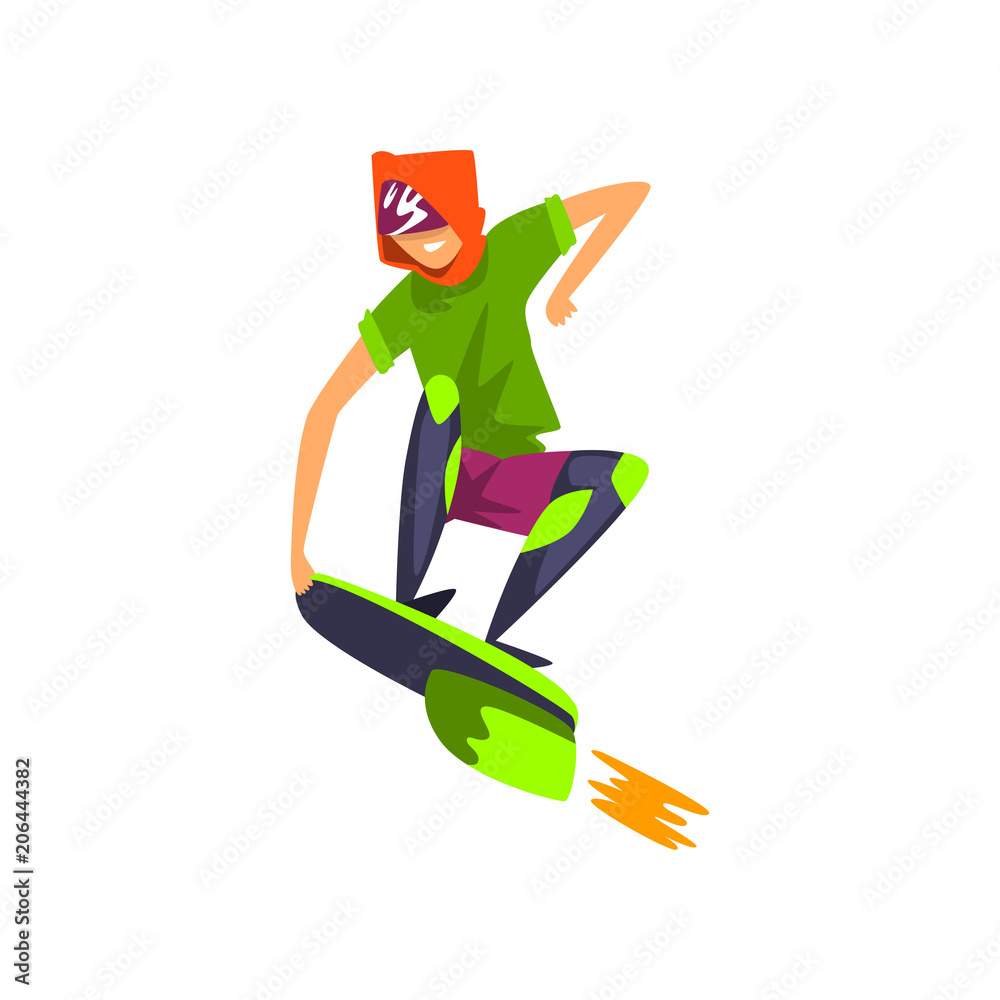 Man in futuristic clothing flying with jet skateboard, technology of the future vector Illustration on a white background