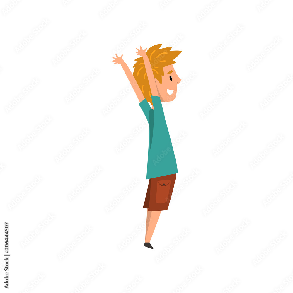 Young man doing fitness exercise with raising hands, active healthy lifestyle concept cartoon vector Illustration on a white background Young man doing fitness exercise with raising hands, active healthy lifestyle concept cartoon vector Illustration on a white background