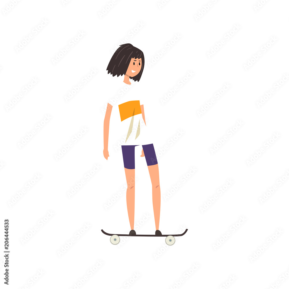 Smiling teen girl scateboarding, active healthy lifestyle concept cartoon vector Illustration on a white background Smiling teen girl scateboarding, active healthy lifestyle concept cartoon vector Illustration on a white background