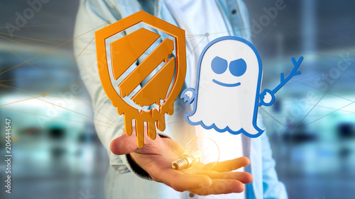 Photos Businessman holding a Meltdown and Spectre processor attack with network connect