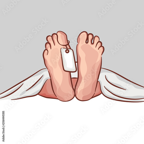 Two feet of a dead body, with an identification tag. vector drawing. autopsy crime.
