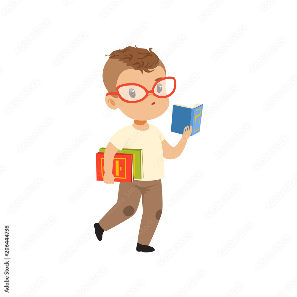 Cute little boy character in glasses walking and reading a book vector Illustration on a white background