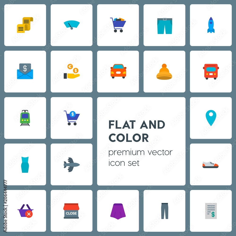 Modern Simple Set of transports, clothes, money, shopping Vector flat Icons. Contains such Icons as  clothing,  fruit,  style,  exit, cart and more on grey background. Fully Editable. Pixel Perfect