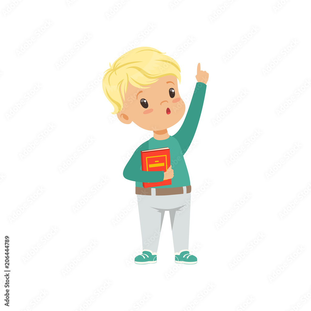 Cute little boy character standing and holding a book vector Illustration on a white background