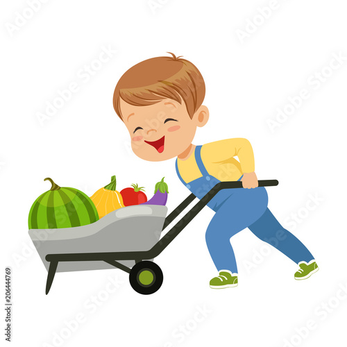 Cute little boy character pushing wheelbarrow full of vegetables vector Illustration on a white background