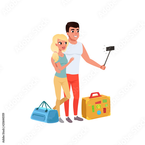 Tourist couple with bags taking selfie using selfie stick, man and woman traveling together during summer vacation vector Illustration