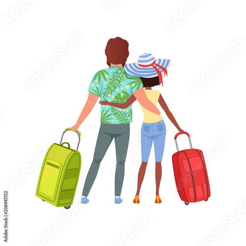Young couple with travel bags, back view, man and woman traveling together during summer vacation vector Illustration on a white background