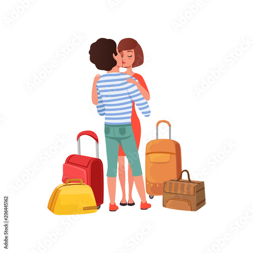 Happy couple in love with travel bags, man and woman embracing each other, people traveling together during summer vacation vector Illustration