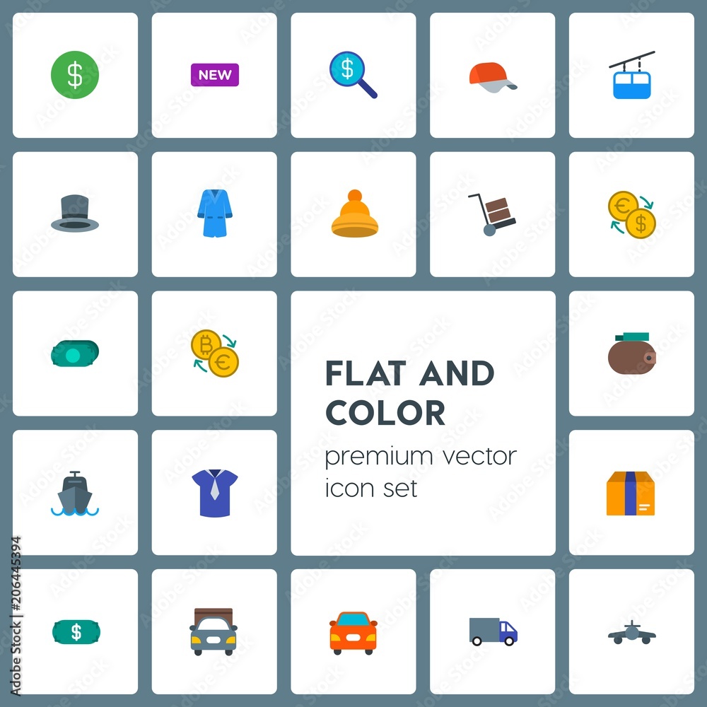 Modern Simple Set of transports, clothes, money, shopping Vector flat Icons. Contains such Icons as  currency,  cash,  search, train, label and more on grey background. Fully Editable. Pixel Perfect