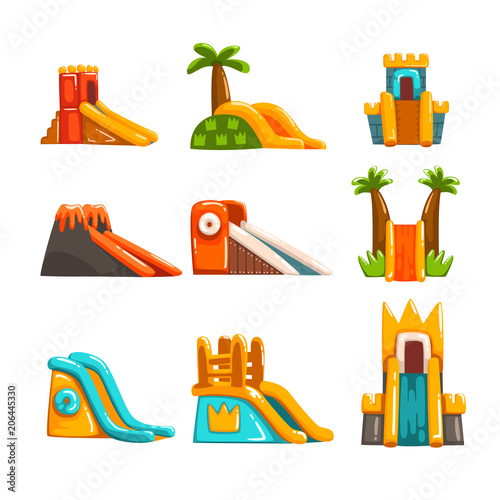 Inflatable slides set, summer amusement park bouncy equipment vector Illustrations on a white background