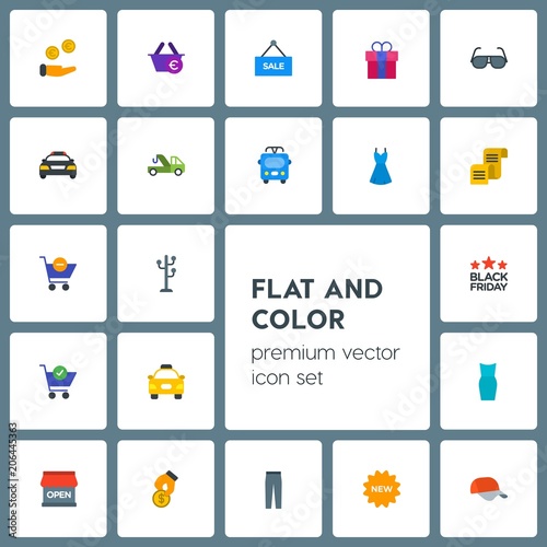 Modern Simple Set of transports, clothes, money, shopping Vector flat Icons. Contains such Icons as baseball, discount, fashion, car, cab and more on grey background. Fully Editable. Pixel Perfect