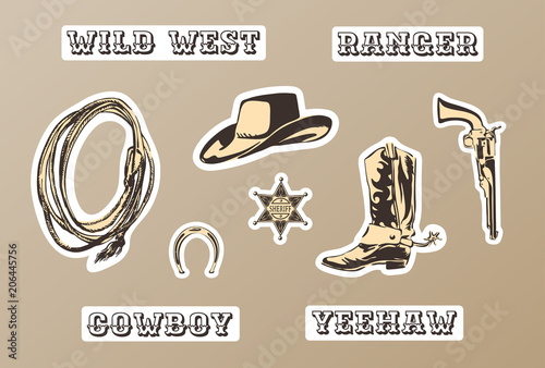 Wild west vector sticker set. Hand drawn silhouette of horseshoe, sheriff badge, boot, hat, gun, lasso for cowboy paty.