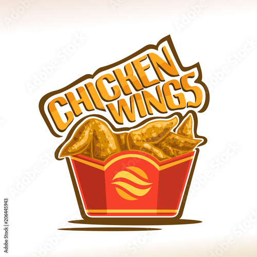 Vector logo for Chicken Wings, poster with crispy kentucky fried poultry in red carton box, original typeface for words chicken wings, illustration of label on white for american fastfood cafe menu.