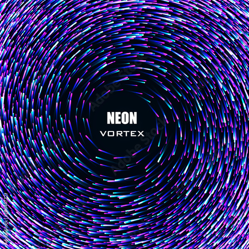 Circular neon geometric pattern. Space swirl. Roll circle. Shape whirlwind colorful lines. Abstract vortex trail.