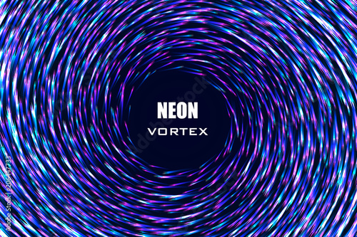 Circular neon geometric pattern. Space swirl. Roll circle. Shape whirlwind colorful lines. Abstract vortex trail.