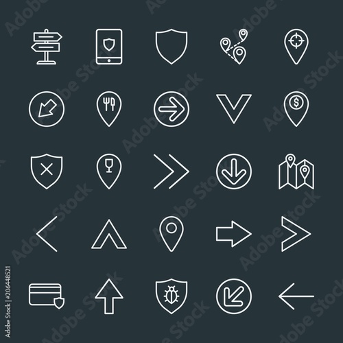 Modern Simple Set of location, arrows, chat and messenger, security Vector outline Icons. Contains such Icons as technology, security, pin and more on dark background. Fully Editable. Pixel Perfect.