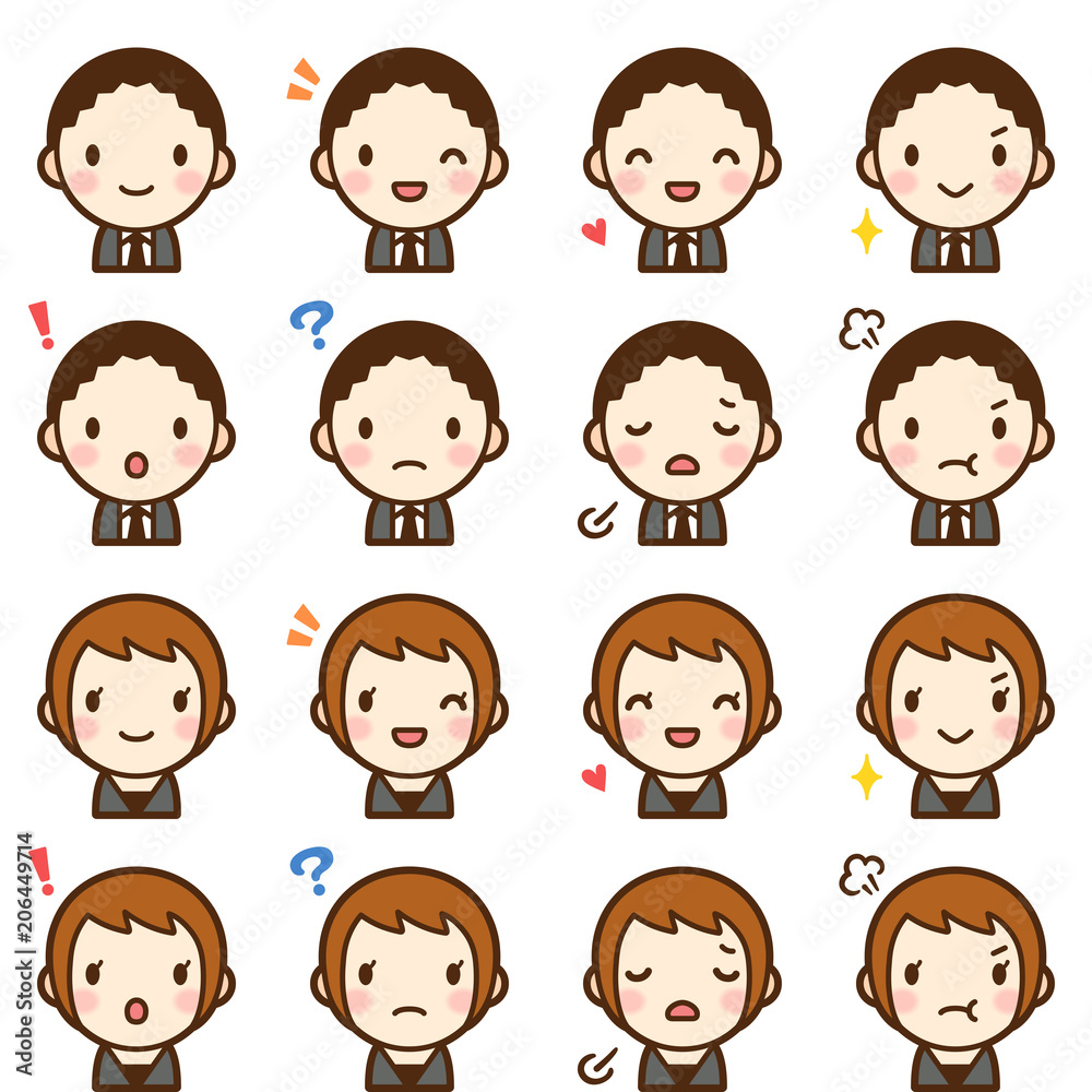 Isolated set of young man & woman avatar expressions Isolated set of young man & woman avatar expressions