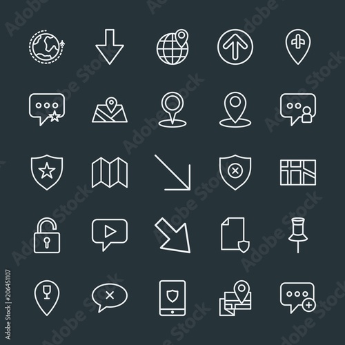 Modern Simple Set of location, arrows, chat and messenger, security Vector outline Icons. Contains such Icons as message, file, down, add and more on dark background. Fully Editable. Pixel Perfect.