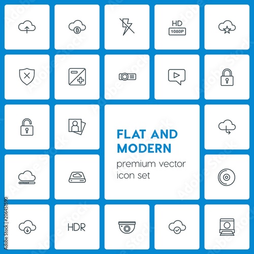 Modern Simple Set of cloud and networking, security, video, photos Vector outline Icons. Contains such Icons as  storage, security,  tourism and more on dark background. Fully Editable. Pixel Perfect