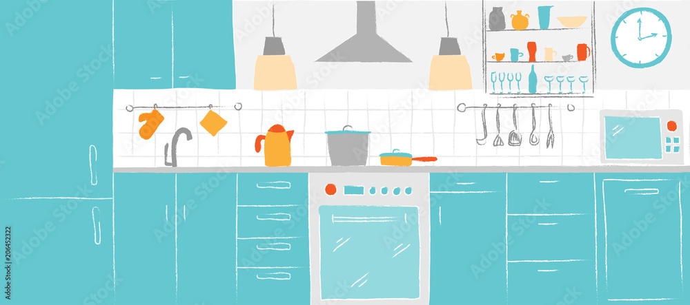 Kitchen interior color sketches hand drawing front view. Contour vector illustration kitchen furniture and equipment.
