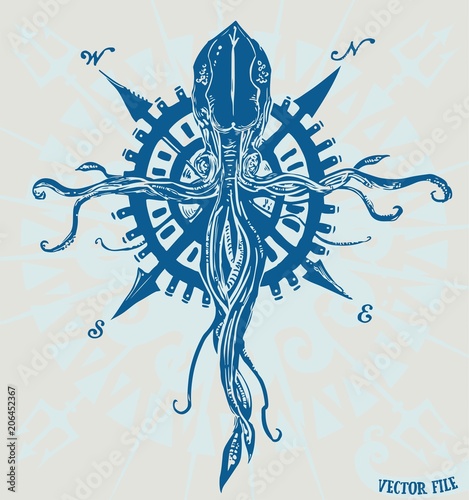 Valokuva Windrose and Compass with Cthulhu Kraken octopus for fantasy maps and cartograph